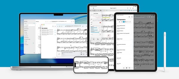 Captura de pantalla de la web de forScore que muestra la app en diversos dispositivos